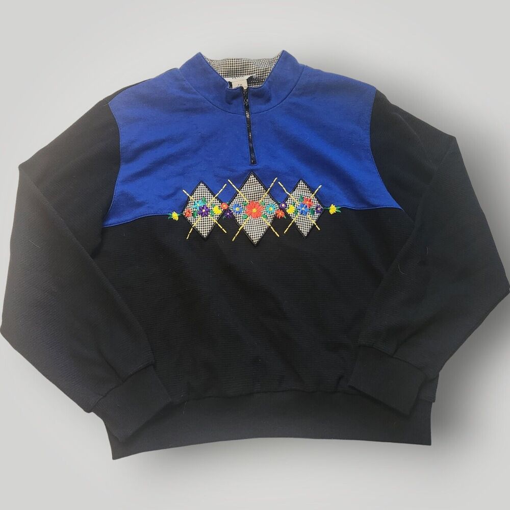 Alfred Dunner Petite Women's PM Black Blue Colorblock 1/4 Zip Long Sleeve Top